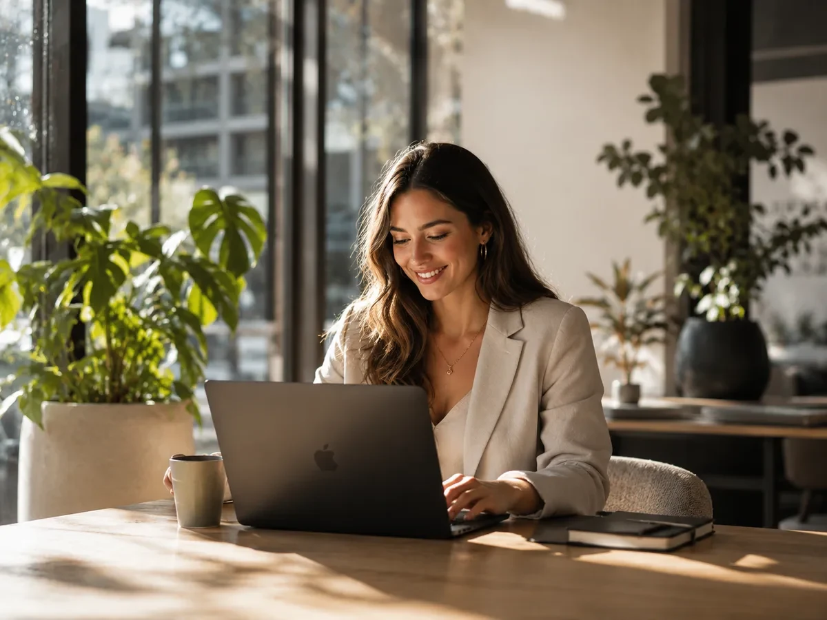 Marketing professional smiling while working on a laptop at a sunlit desk in a plant-filled office