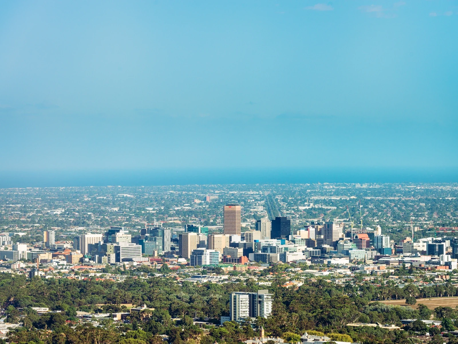 Aerial view of the Adelaide city skyline with the hills and coast beyond