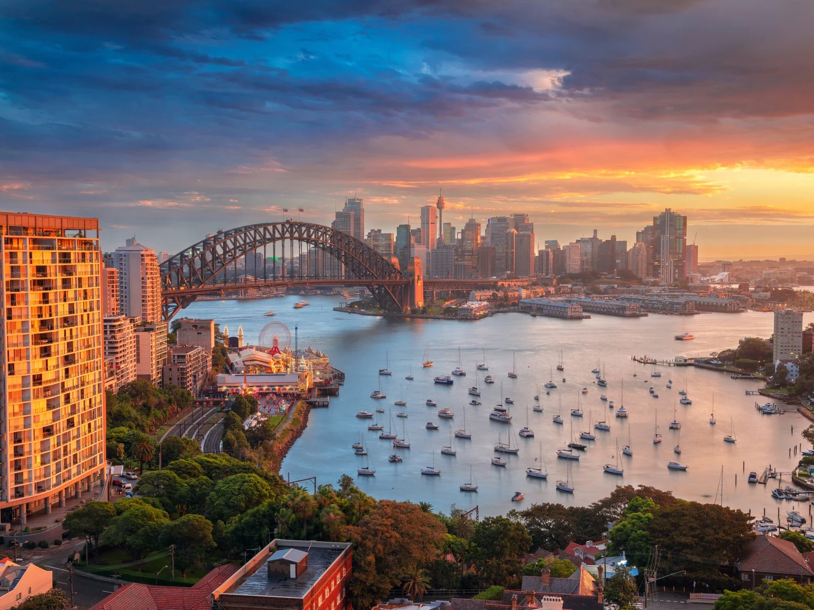 Sydney Harbour at sunset with the Harbour Bridge and the city skyline