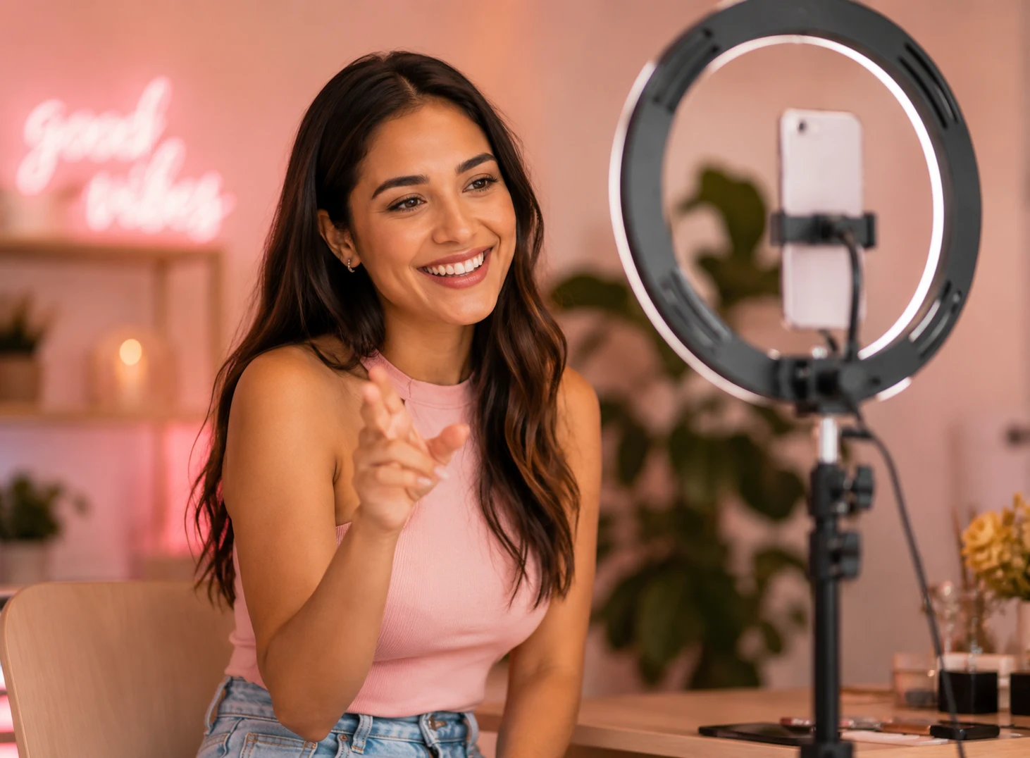 Content creator smiling while filming a smartphone video on a ring light in a pink-toned home studio