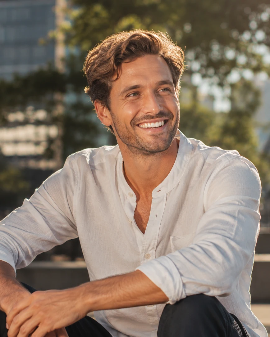 Australian content creator smiling outdoors with the Sydney skyline behind him