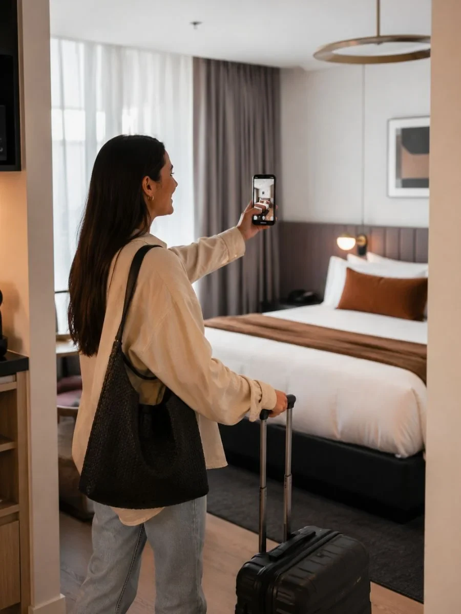 Traveller photographing a styled hotel room on her phone, suitcase in hand