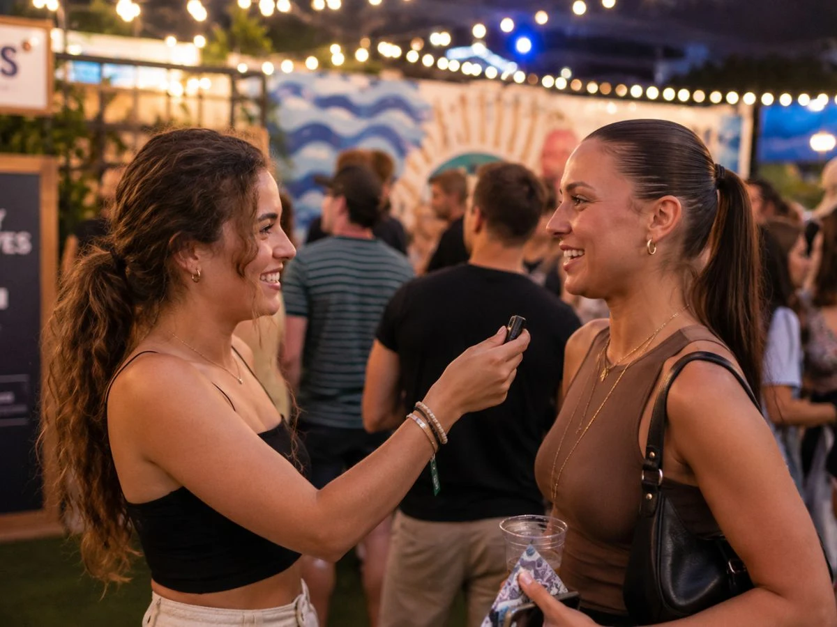 Two friends laughing together at a lively outdoor evening event with string lights and a crowd