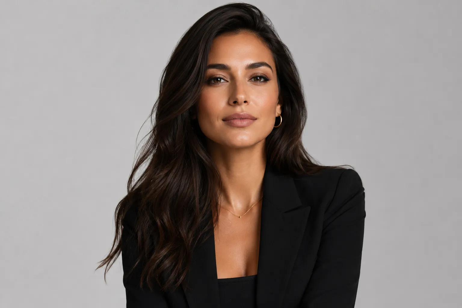 Polished influencer in a black blazer against a studio backdrop