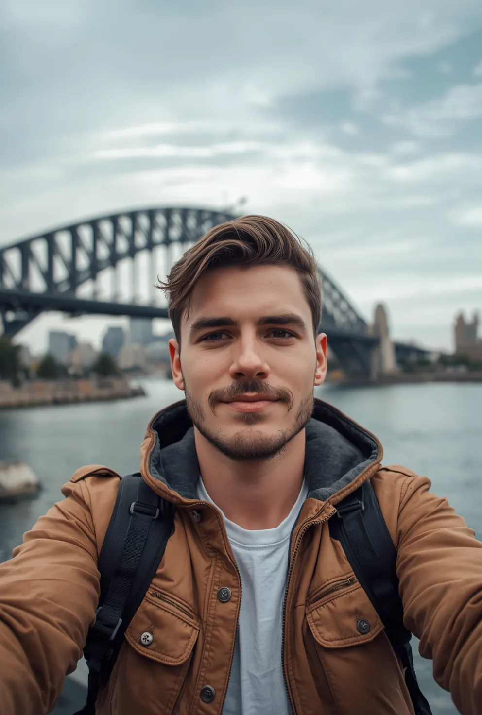 Content creator taking a selfie in front of the Sydney Harbour Bridge