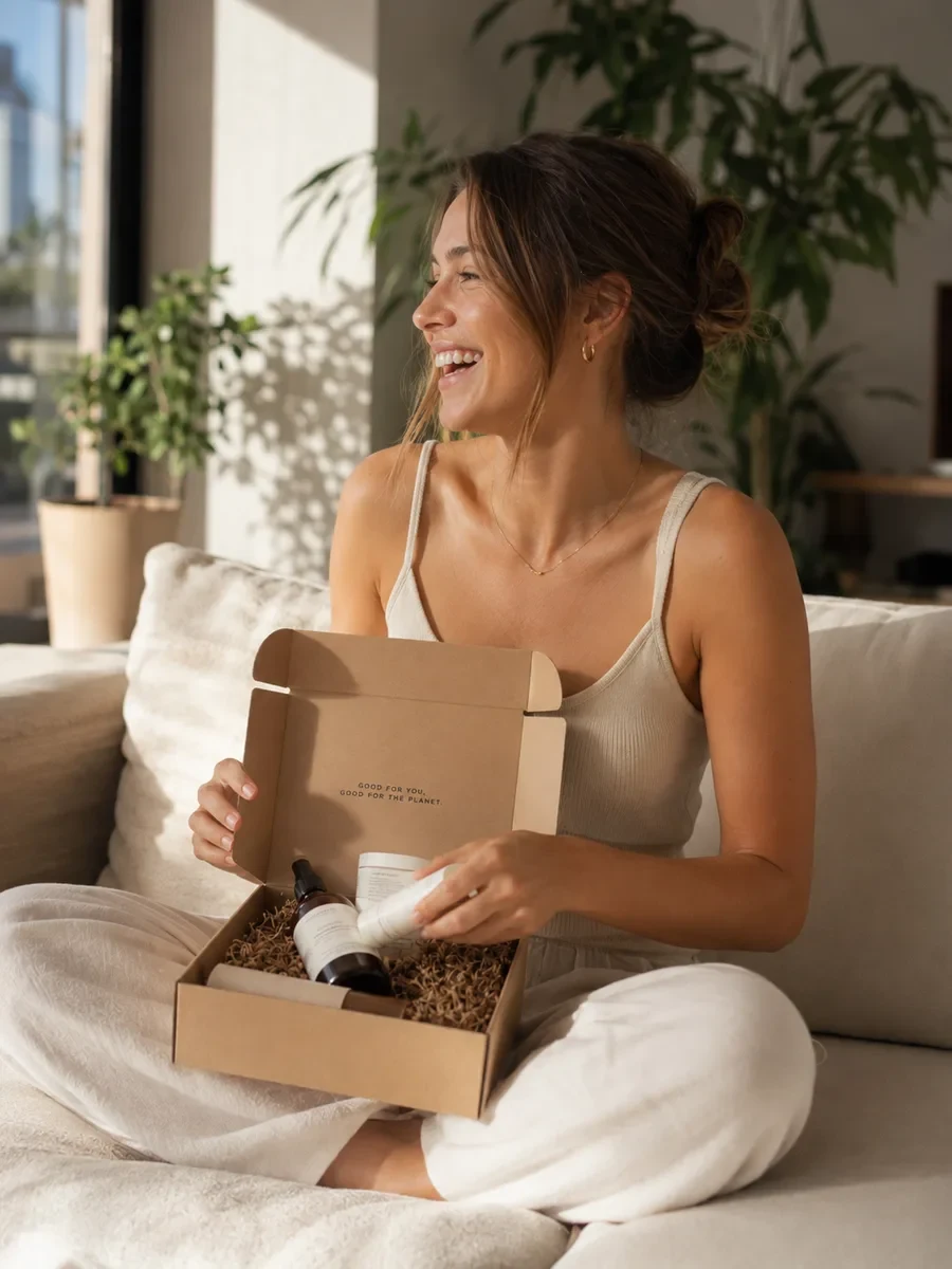 Creator smiling on a sofa while unboxing a kraft PR box of skincare products in a bright, plant-filled room