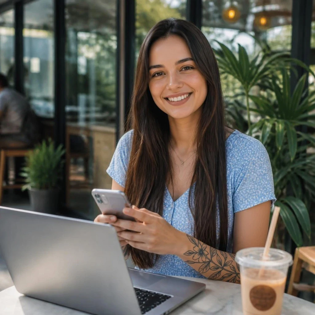 Smiling content creator at an outdoor cafe with her phone, laptop, and iced coffee