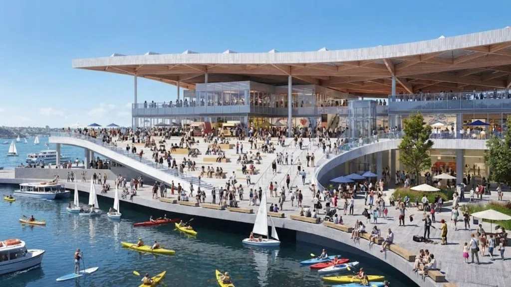 The stunning wave-shaped roof of the New Sydney Fish Market at Blackwattle Bay, officially opened in 2026.
